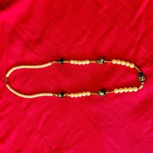 Japan Vintage Beaded Necklace Pearl Floral Wedding Cake Painted Black Gold